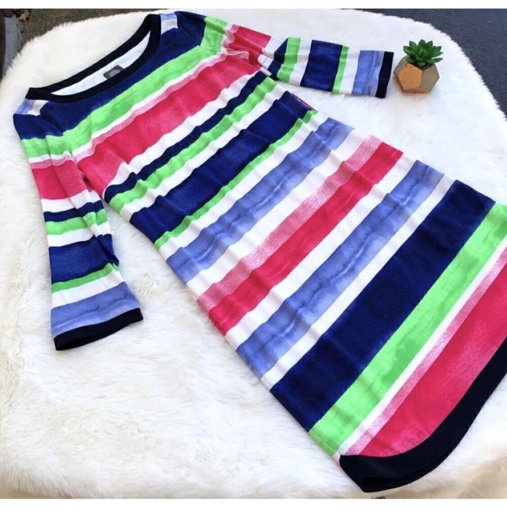 Vince Camuto Sz 6 Rainbow Watercolor Stripe Slinky Shift Dress s Color Block